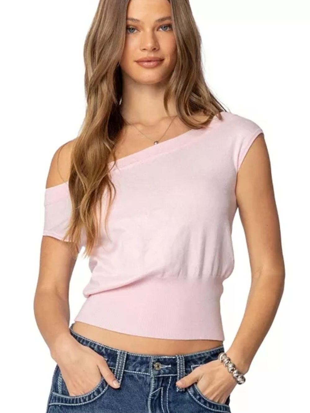 Edikted One-Shoulder Light Pink Ribbed Hem Sweater